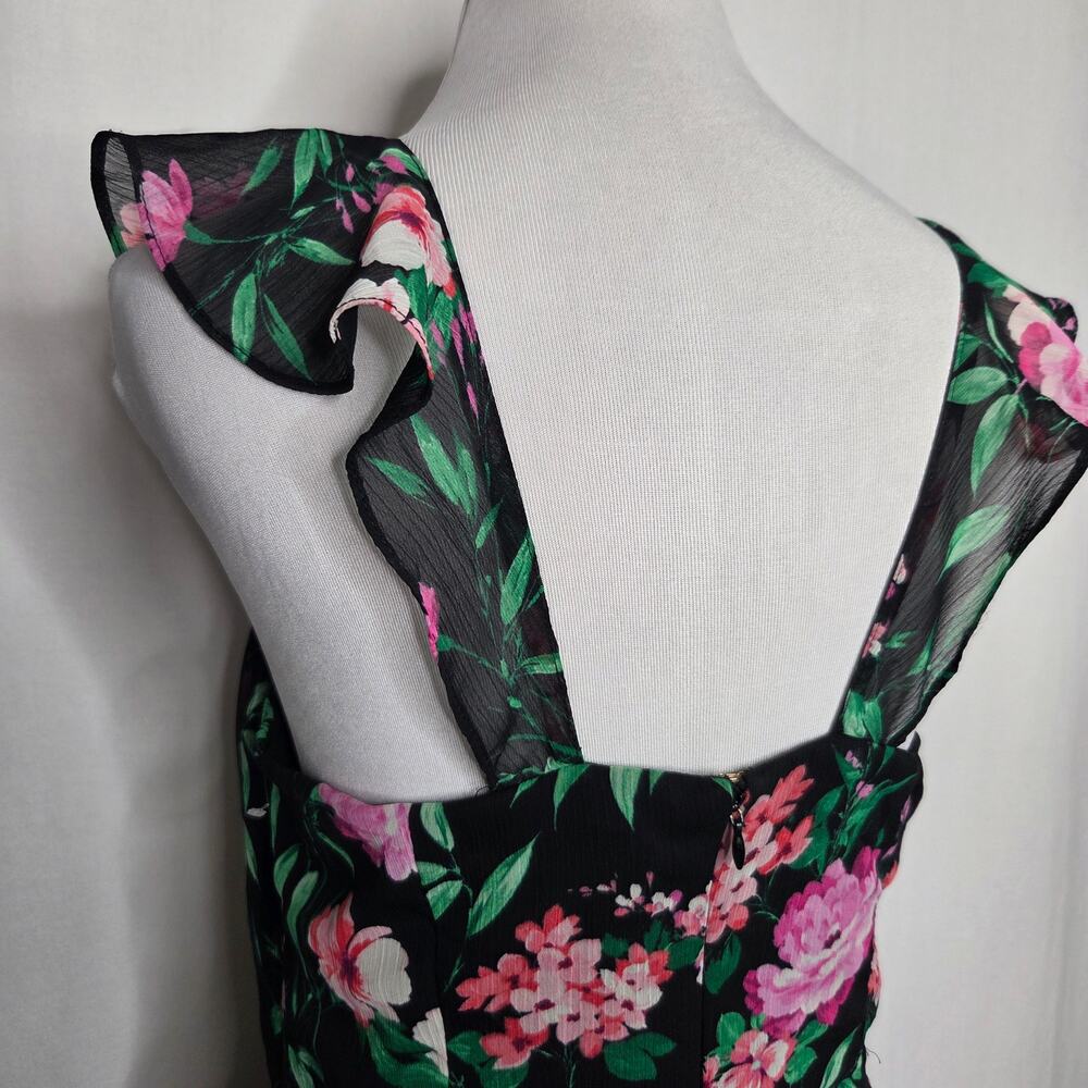 GUESS Ruffled High-Low Sleeveless Maxi Dress Black Pink Floral Size 10 - Picture 11 of 14